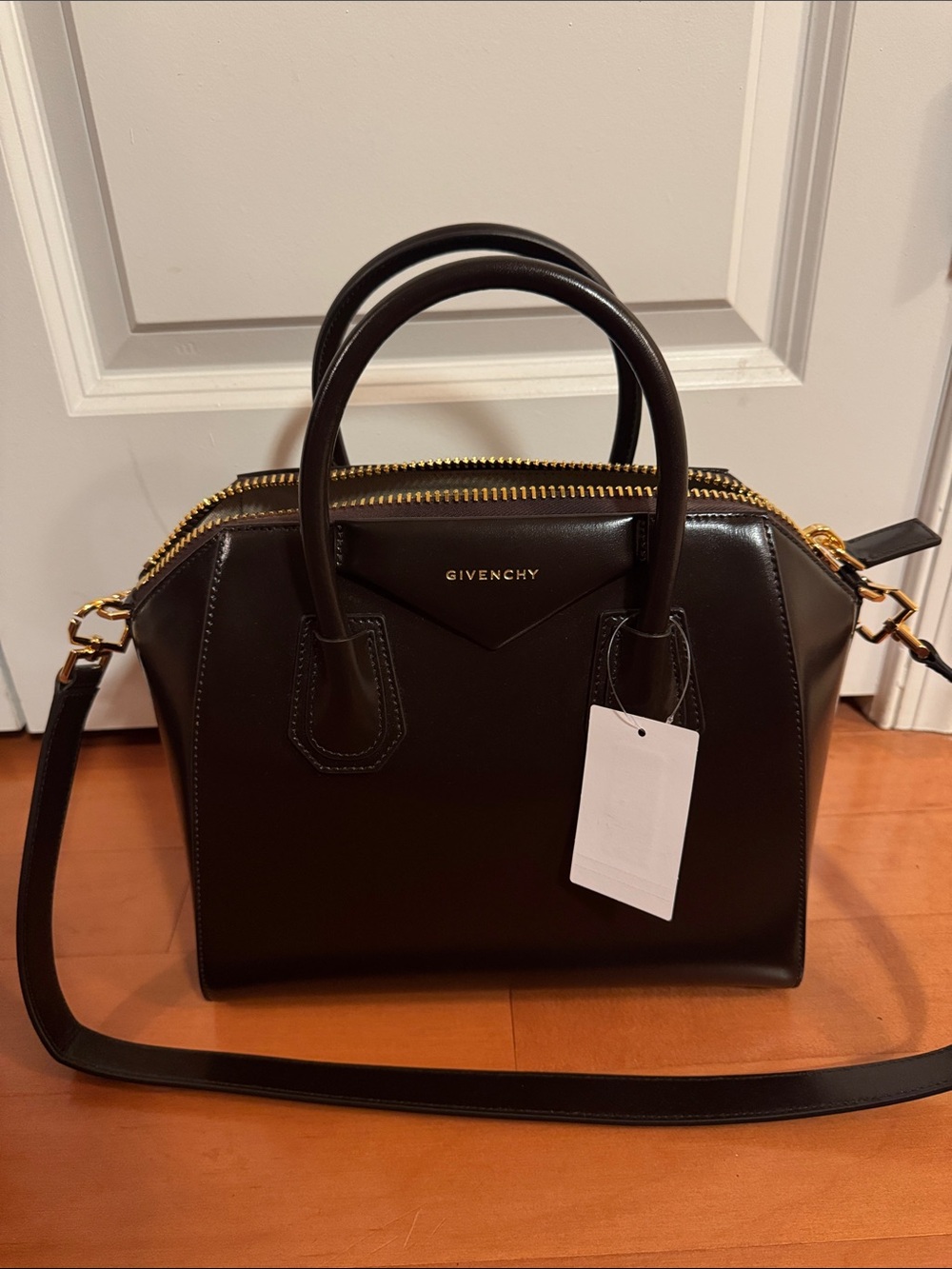 Givenchy Brown Mini Antigona Satchel with Gold Hardware.